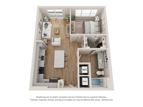 Floor plan for 1 bed, 1 bath, 769 sqft